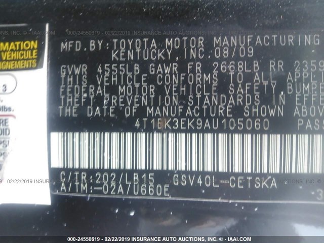 4T1BK3EK9AU105060 - 2010 TOYOTA CAMRY SE/LE/XLE 黑色 照片 9