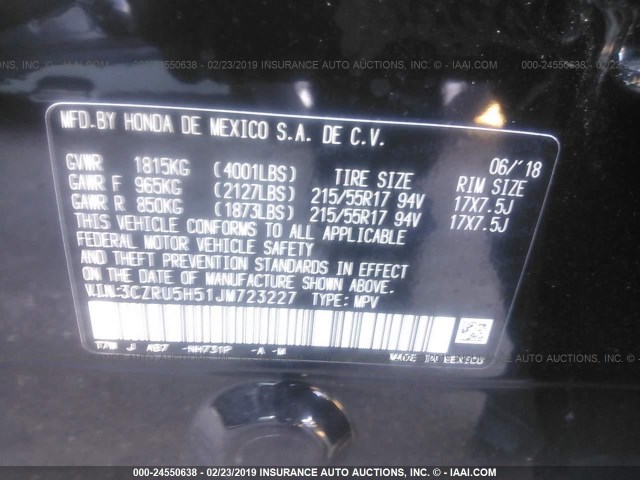 3CZRU5H51JM723227 - 2018 HONDA HR-V EX BLACK photo 9