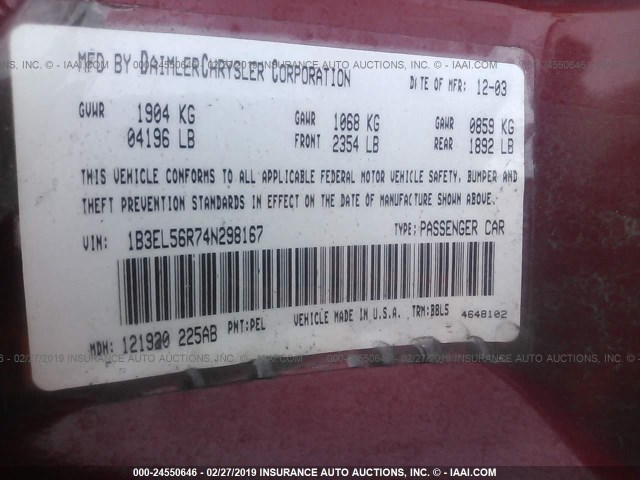 1B3EL56R74N298167 - 2004 DODGE STRATUS ES RED photo 9