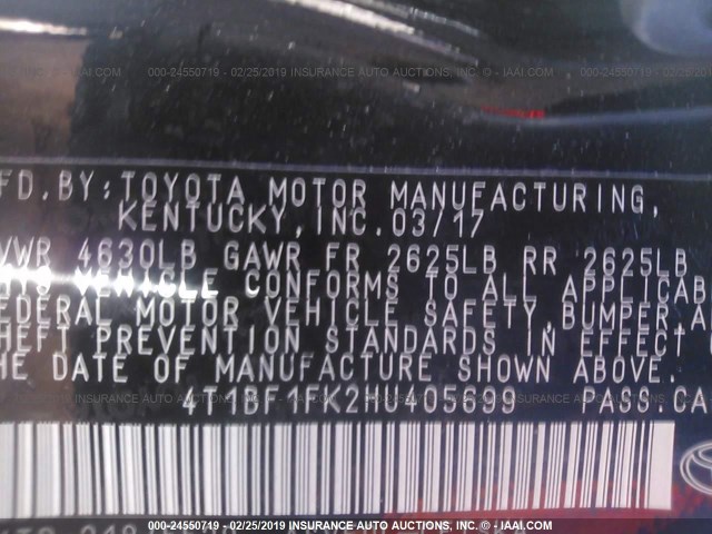 4T1BF1FK2HU405699 - 2017 TOYOTA CAMRY LE/XLE/SE/XSE 黑色 照片 9