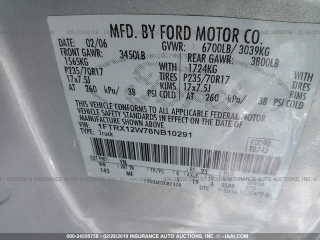 1FTRX12W76NB10291 - 2006 FORD F150 GRAY photo 9