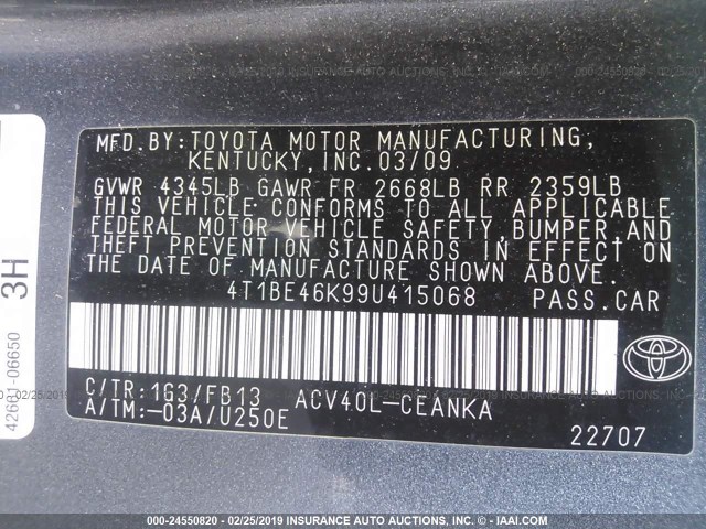 4T1BE46K99U415068 - 2009 TOYOTA CAMRY SE/LE/XLE 灰色 照片 9