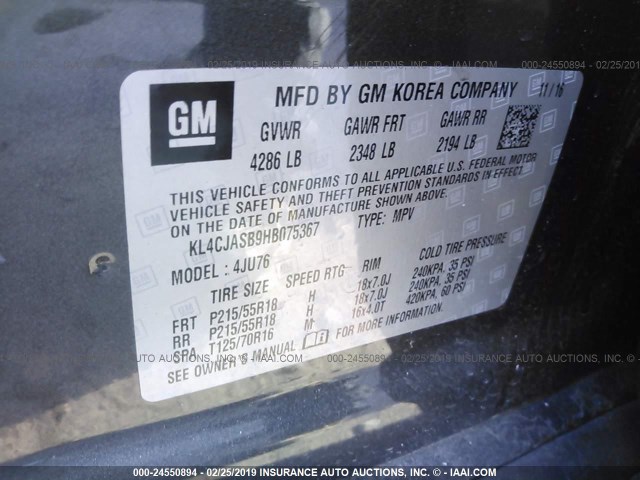 KL4CJASB9HB075367 - 2017 BUICK ENCORE PREFERRED GRAY photo 9