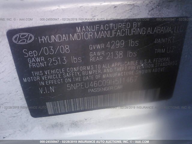 5NPEU46C09H511467 - 2009 HYUNDAI SONATA SE/LIMITED SILVER photo 9