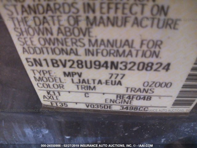 5N1BV28U94N320824 - 2004 NISSAN QUEST S/SE/SL GRAY photo 9