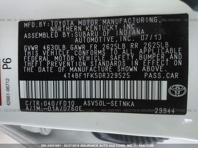 4T4BF1FK5DR329525 - 2013 TOYOTA CAMRY L/SE/LE/XLE Ağ foto 9