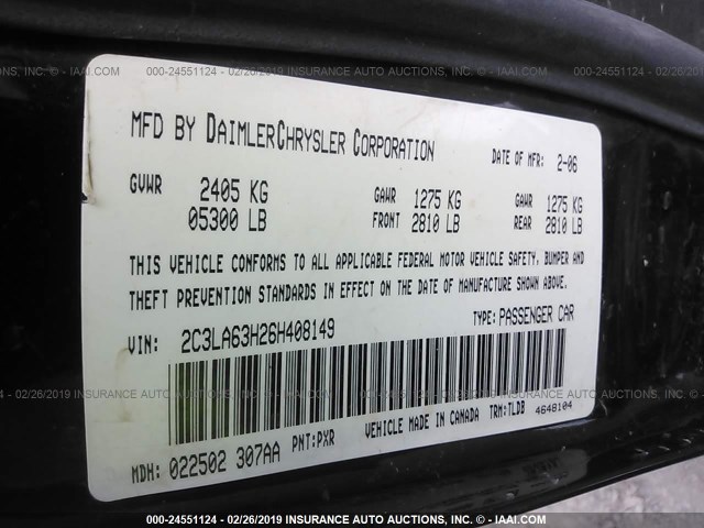 2C3LA63H26H408149 - 2006 CHRYSLER 300C BLACK photo 9