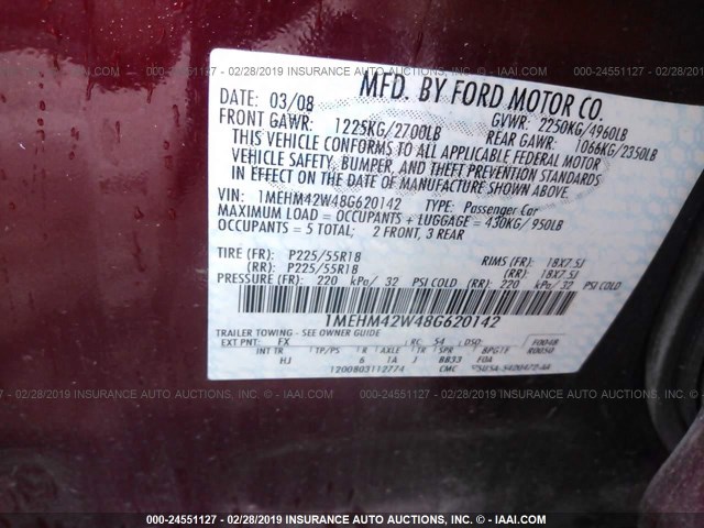 1MEHM42W48G620142 - 2008 MERCURY SABLE PREMIER MAROON photo 9