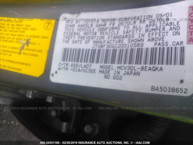 JTHBF30G120010589 - 2002 LEXUS ES 300 GRAY photo 9