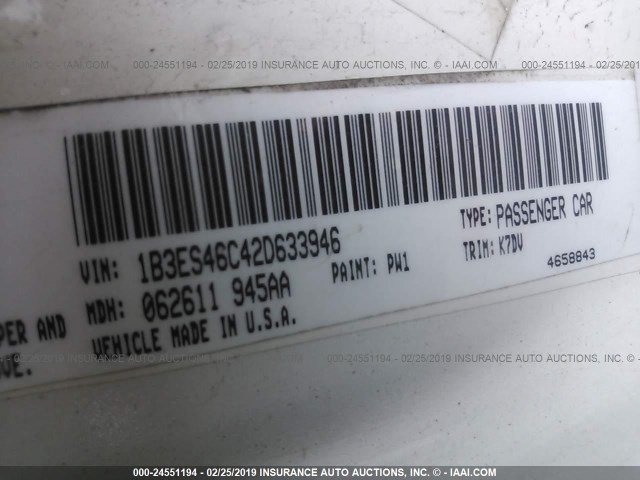 1B3ES46C42D633946 - 2002 DODGE NEON SE WHITE photo 9