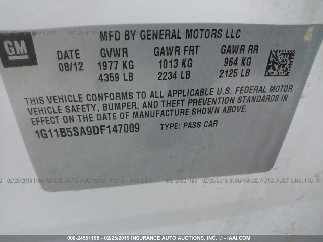 1G11B5SA9DF147009 - 2013 CHEVROLET MALIBU LS WHITE photo 9