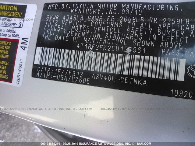 4T1BF3EK2BU135961 - 2011 TOYOTA CAMRY SE/LE/XLE 银色 照片 9