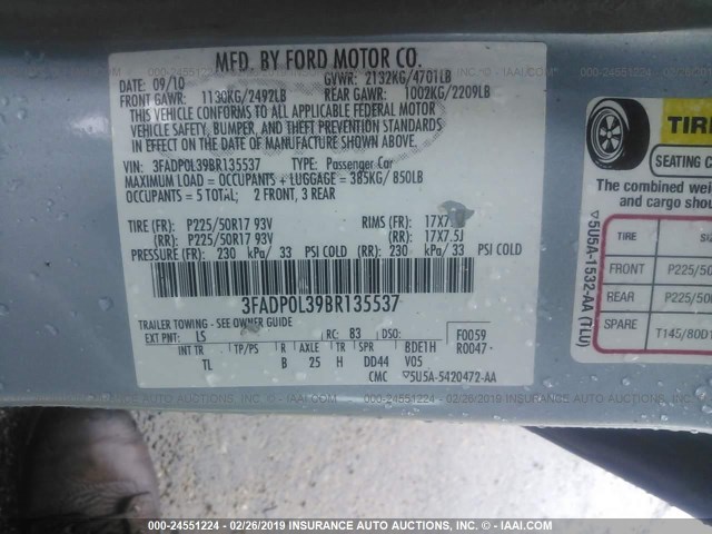 3FADP0L39BR135537 - 2011 FORD FUSION HYBRID BLUE photo 9