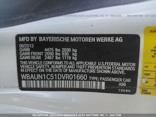 WBAUN1C51DVR01660 - 2013 BMW 128 I WHITE photo 9