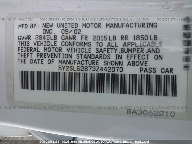 5Y2SL62873Z442070 - 2003 PONTIAC VIBE WHITE photo 9