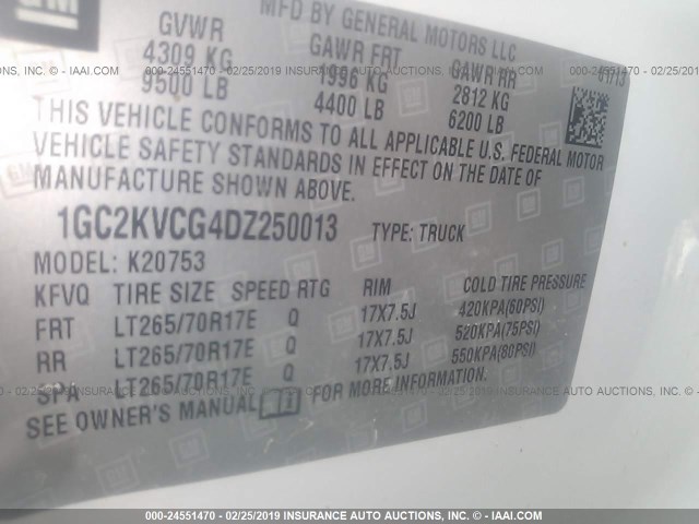 1GC2KVCG4DZ250013 - 2013 CHEVROLET SILVERADO K2500 HEAVY DUTY WHITE photo 9