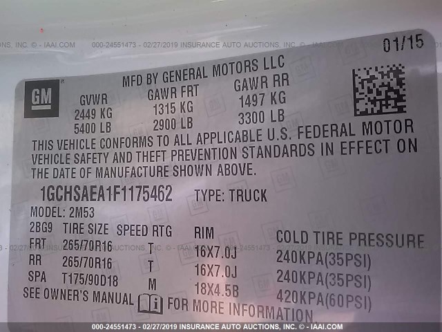 1GCHSAEA1F1175462 - 2015 CHEVROLET COLORADO WHITE photo 9