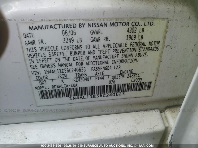 1N4AL11E56C240623 - 2006 NISSAN ALTIMA S/SL WHITE photo 9