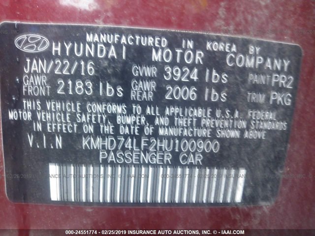 KMHD74LF2HU100900 - 2017 HYUNDAI ELANTRA SE RED photo 9