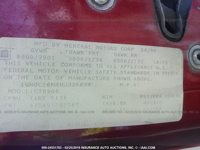 1GNGC26N4NJ326834 - 1992 CHEVROLET SUBURBAN C2500 RED photo 9