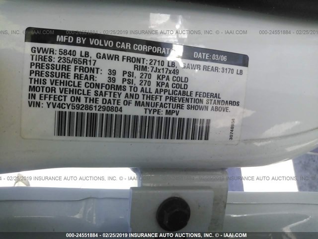 YV4CY592861290804 - 2006 VOLVO XC90 WHITE photo 9