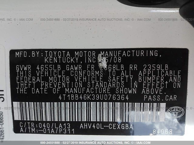 4T1BB46K39U076364 - 2009 TOYOTA CAMRY HYBRID WHITE photo 9