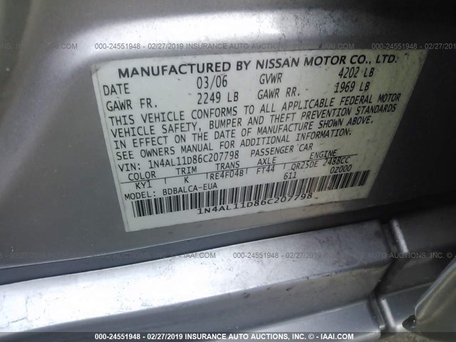 1N4AL11D86C207798 - 2006 NISSAN ALTIMA S/SL SILVER photo 9