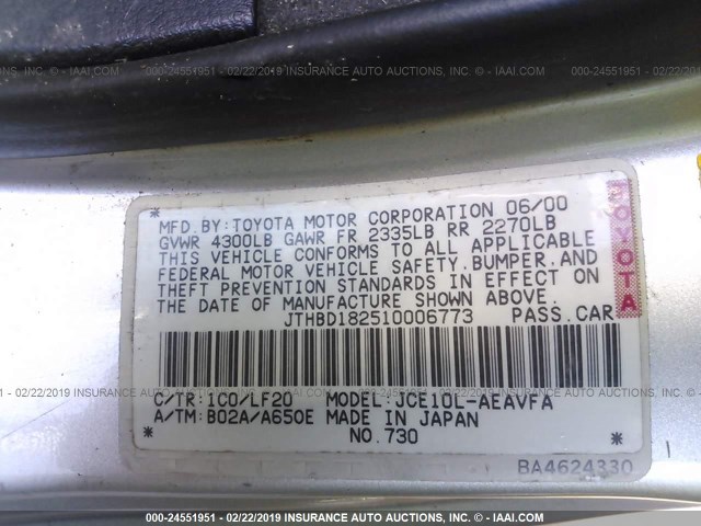 JTHBD182510006773 - 2001 LEXUS IS 300 GRAY photo 9