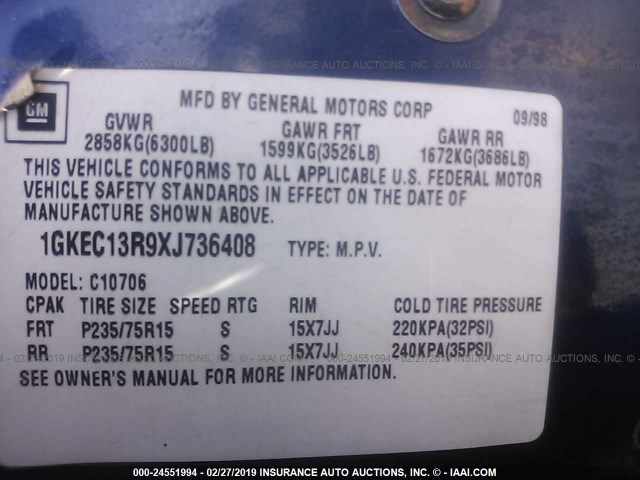 1GKEC13R9XJ736408 - 1999 GMC YUKON BLUE photo 9