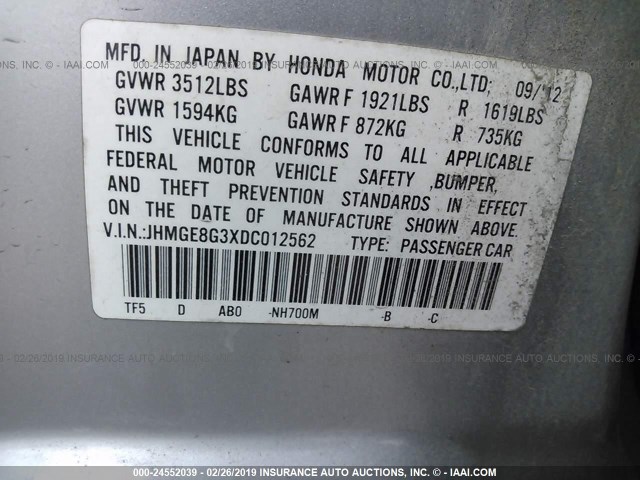 JHMGE8G3XDC012562 - 2013 HONDA FIT SILVER photo 9