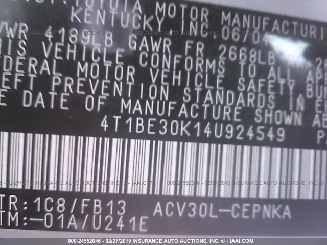 4T1BE30K14U924549 - 2004 TOYOTA CAMRY LE/XLE/SE SILVER photo 9