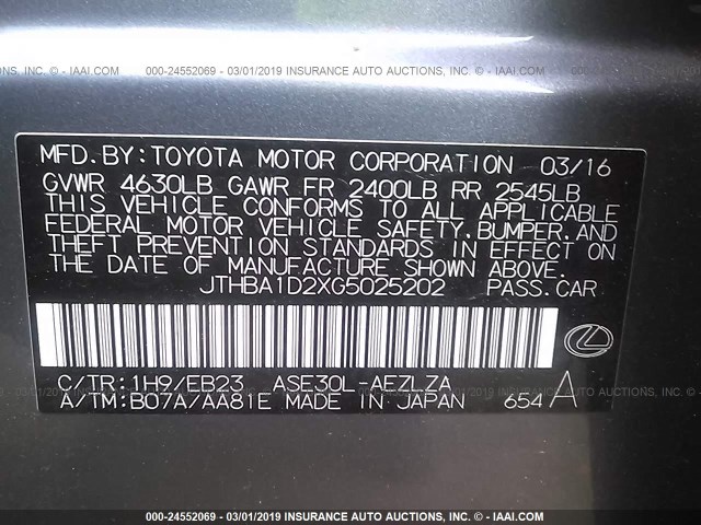 JTHBA1D2XG5025202 - 2016 LEXUS IS 200T GRAY photo 9