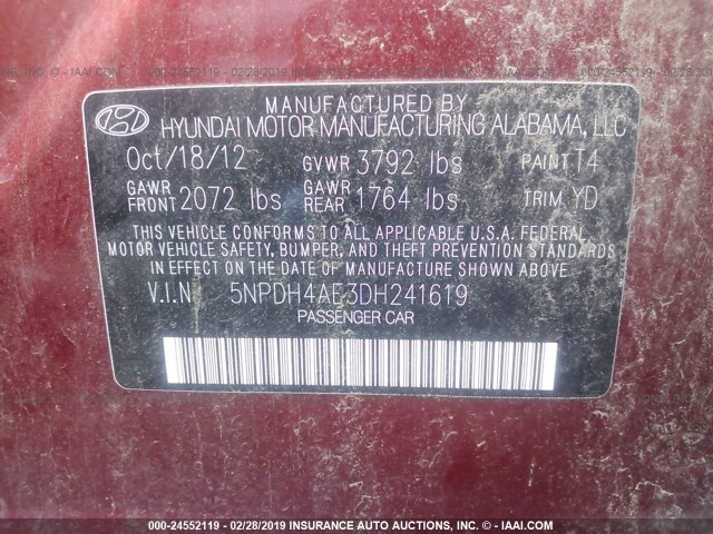 5NPDH4AE3DH241619 - 2013 HYUNDAI ELANTRA GLS/LIMITED RED photo 9