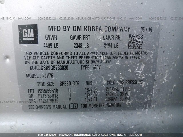 KL4CJGSB9GB733030 - 2016 BUICK ENCORE SILVER photo 9