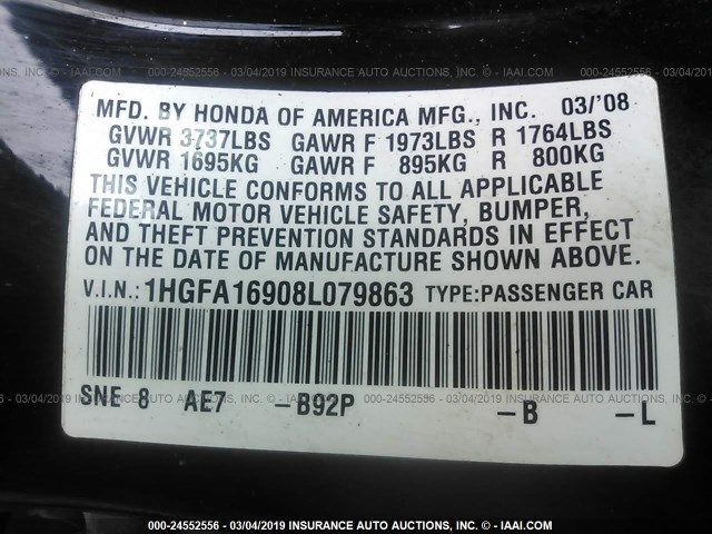 1HGFA16908L079863 - 2008 HONDA CIVIC EXL BLACK photo 9