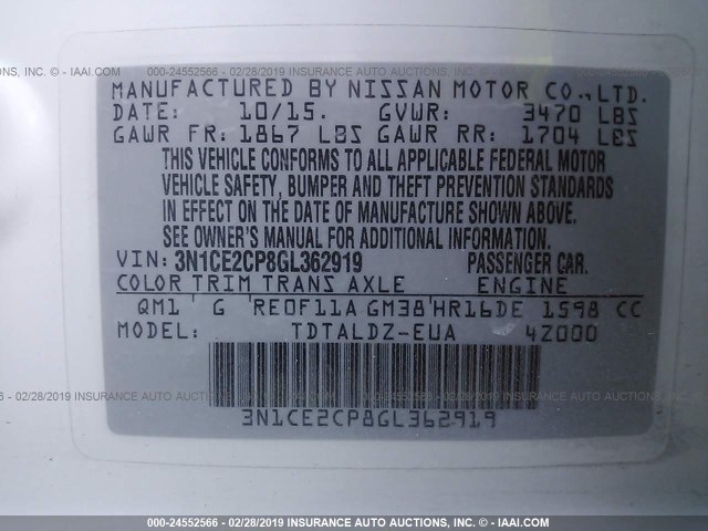3N1CE2CP8GL362919 - 2016 NISSAN VERSA NOTE S/S PLUS/SV/SL/SR WHITE photo 9