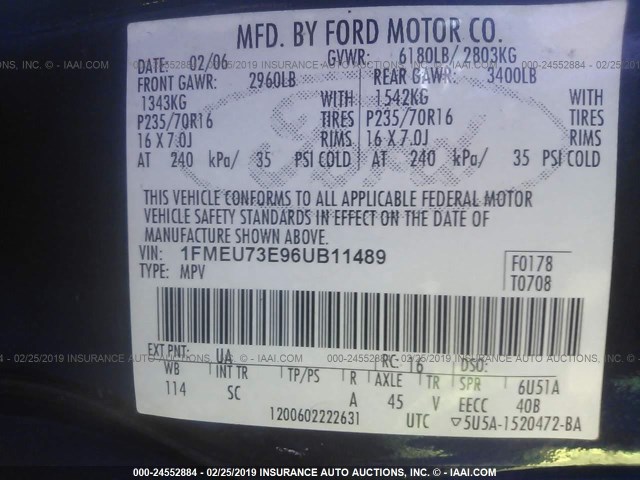 1FMEU73E96UB11489 - 2006 FORD EXPLORER XLT BLACK photo 9