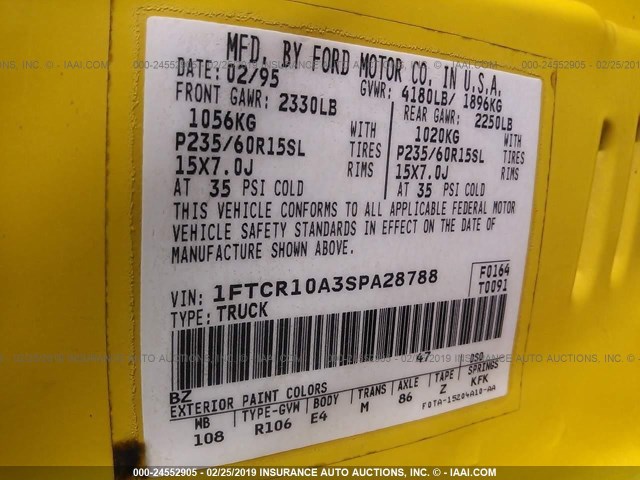 1FTCR10A3SPA28788 - 1995 FORD RANGER YELLOW photo 9