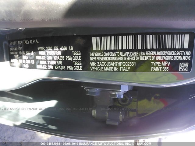 ZACCJBAH7HPG02331 - 2017 JEEP RENEGADE SPORT Մոխրագույն լուսանկար 9