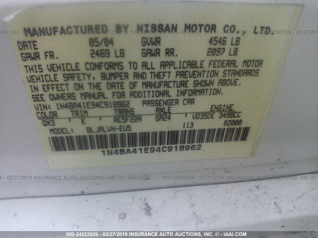 1N4BA41E94C918962 - 2004 NISSAN MAXIMA SE/SL WHITE photo 9