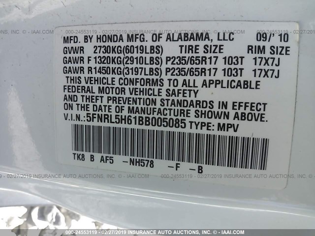 5FNRL5H61BB005085 - 2011 HONDA ODYSSEY EXL WHITE photo 9