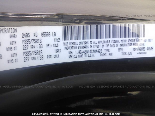 1J4GW48N44C404423 - 2004 JEEP GRAND CHEROKEE LAREDO/COLUMBIA/FREEDOM 黑色 照片 9
