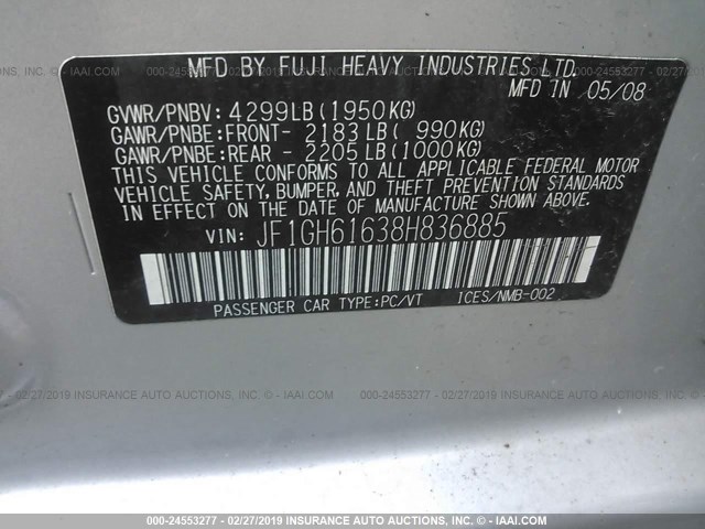 JF1GH61638H836885 - 2008 SUBARU IMPREZA 2.5I SILVER photo 9