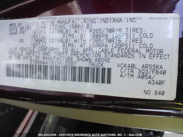 5TBBN44193S412397 - 2003 TOYOTA TUNDRA ACCESS CAB SR5 MAROON photo 9