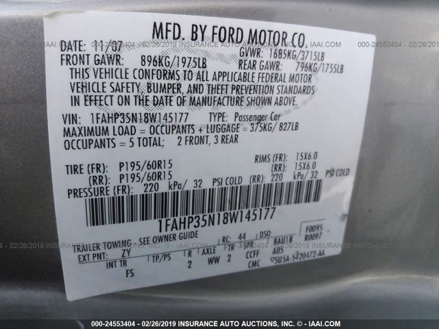 1FAHP35N18W145177 - 2008 FORD FOCUS SE/SEL/SES SILVER photo 9