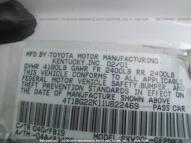 4T1BG22K11U822469 - 2001 TOYOTA CAMRY CE/LE/XLE WHITE photo 9