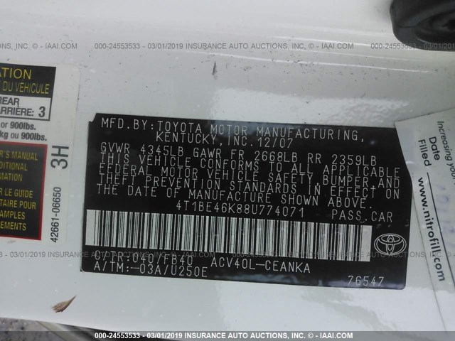 4T1BE46K88U774071 - 2008 TOYOTA CAMRY CE/LE/XLE/SE WHITE photo 9