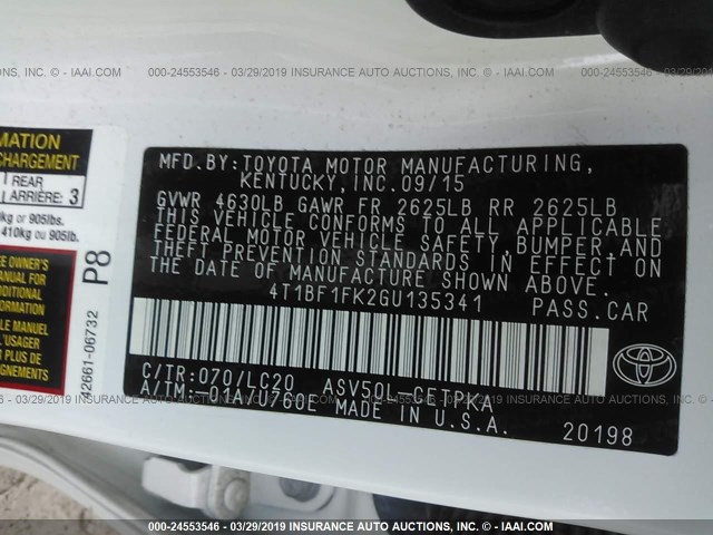 4T1BF1FK2GU135341 - 2016 TOYOTA CAMRY LE/XLE/SE/XSE 白色 照片 9