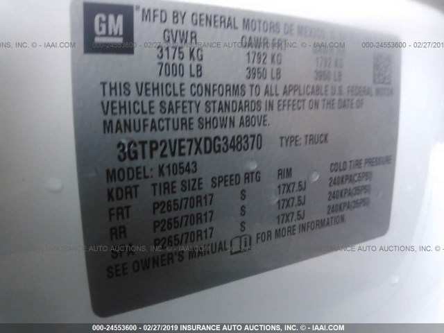 3GTP2VE7XDG348370 - 2013 GMC SIERRA K1500 SLE WHITE photo 9