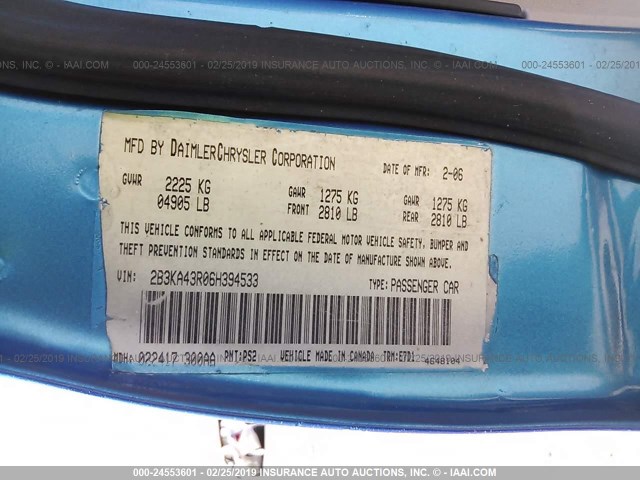 2B3KA43R06H394533 - 2006 DODGE CHARGER SE/SXT BLUE photo 9